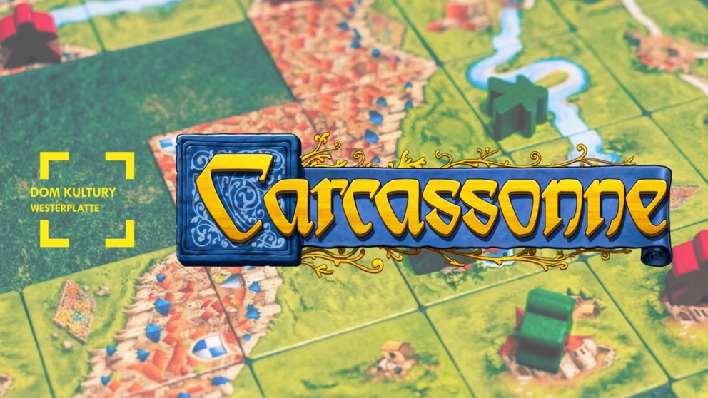 Napis: Carcassonne w tle grafika planszy do gry w Carcassonne